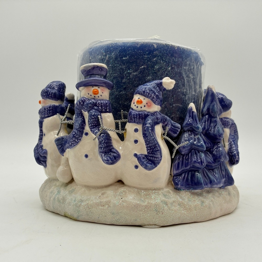 Christmas Holiday Snowman Candle Holder With Blue Sparkle Wax Candle New